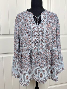 Fever Large Light Blue Floral Paisley Peasant Boho Whimsical Top